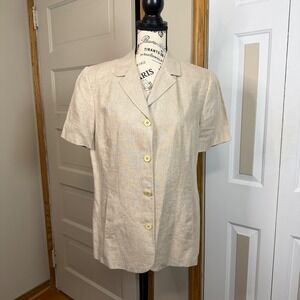Short Sleeve 100% Linen Size 12 Beige Blazer Lined Pockets Professional Academia